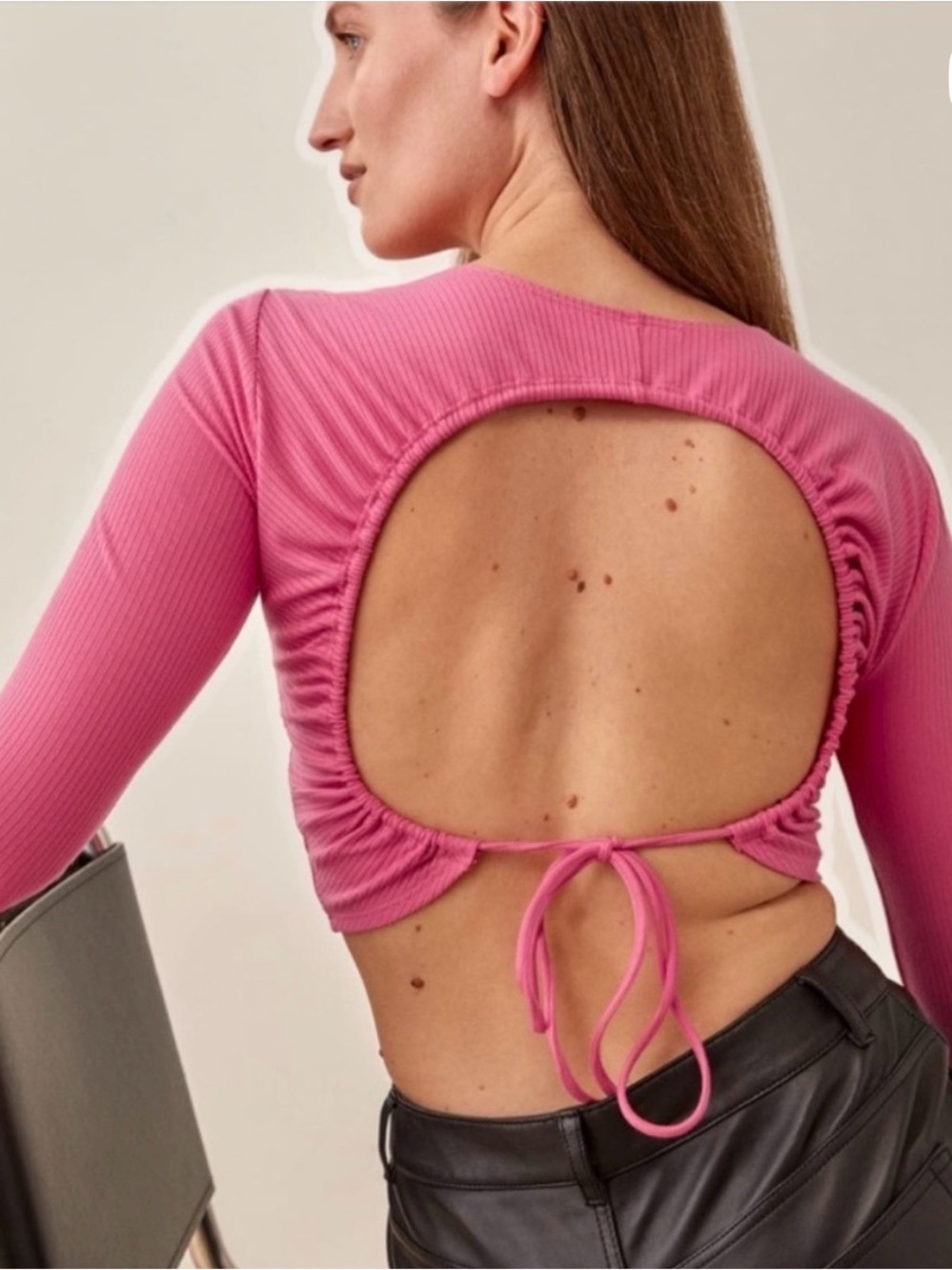 Reformation Casey Crop Top Size S Hot Pink Open Back Cutout Ribbed Long Sleeve